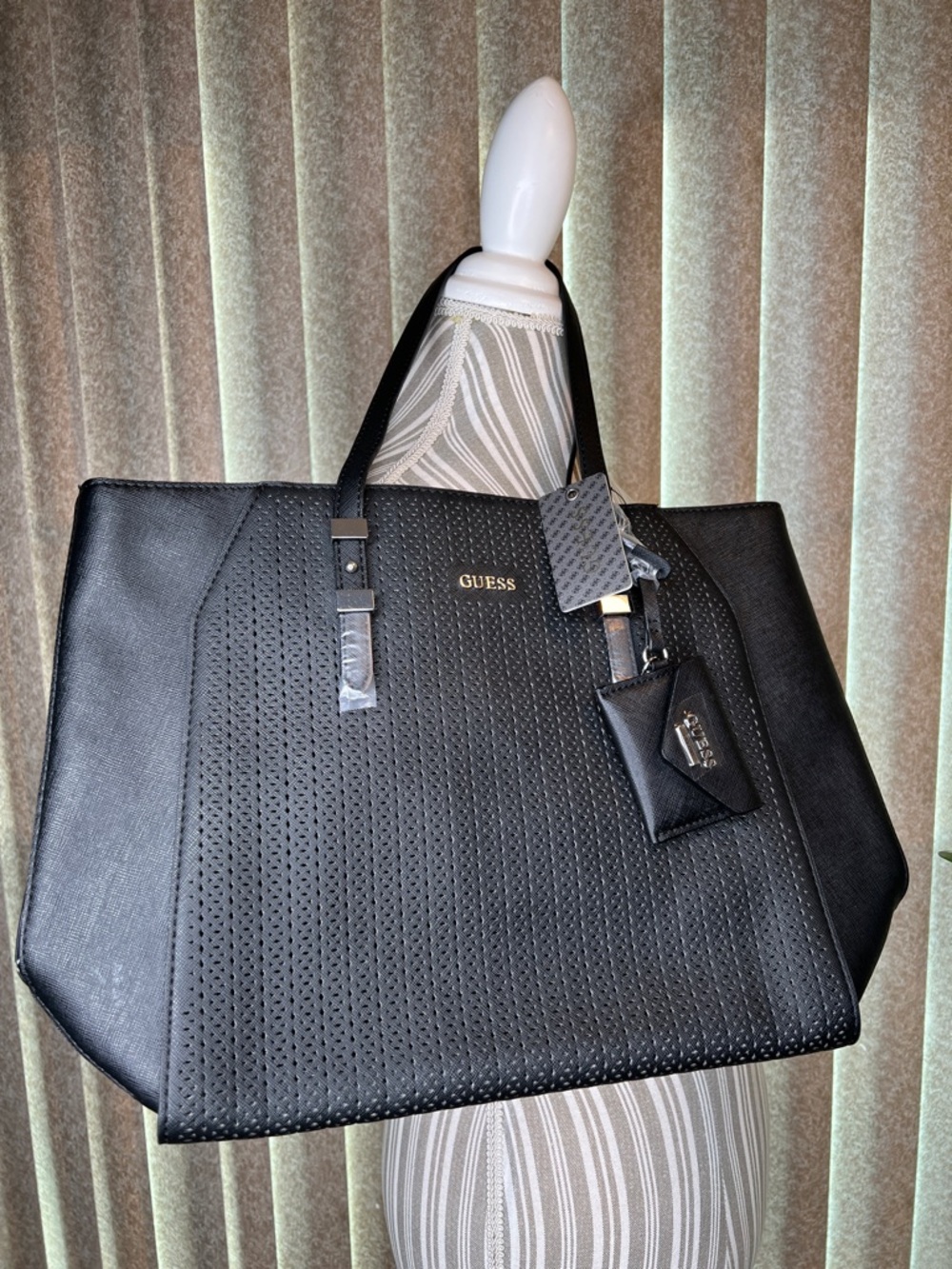Guess Black Perforated Tote with silver-tone Logo, inside zipper pocket